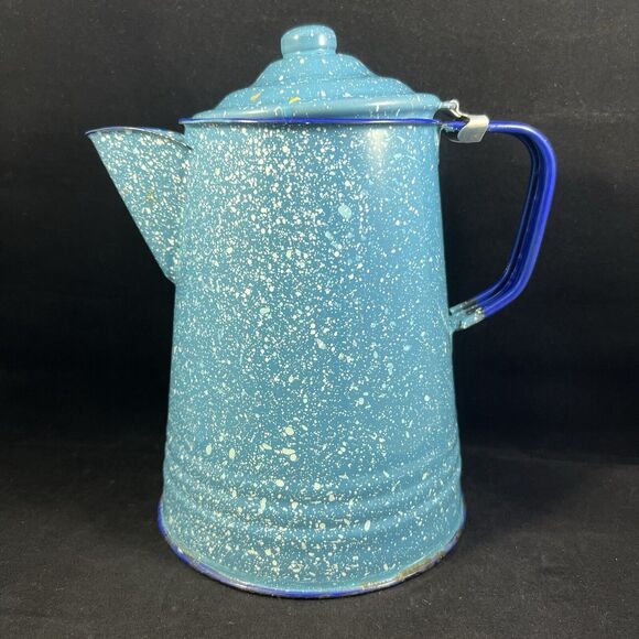 Vintage Blue Spatter Enamelware Coffee Pot Rustic Farmhouse Vase - Picture 3 of 10